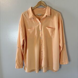 J. Jill Light Orange Button Up Top Roll Tab Sleeve Tunic Shirt Womens Sz XL